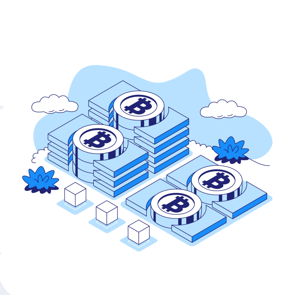 An illustration shows stacked paper currency with Bitcoin symbols, highlighting digital currency. Buy Bitcoin on Coinmama.