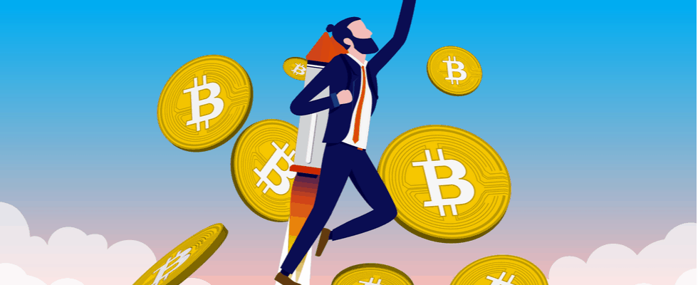 Illustration: Man in suit with rocket, surrounded by Bitcoin symbols, encourages you to buy crypto on Coinmama.