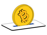 Illustration of a gold Bitcoin being inserted into a slot, ideal for buying BTC on Coinmama.