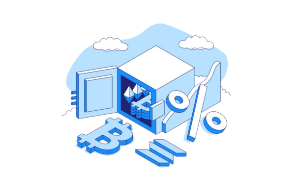 Illustration of a safe with Bitcoin, Ethereum symbols, highlighting secure crypto purchases on Coinmama.