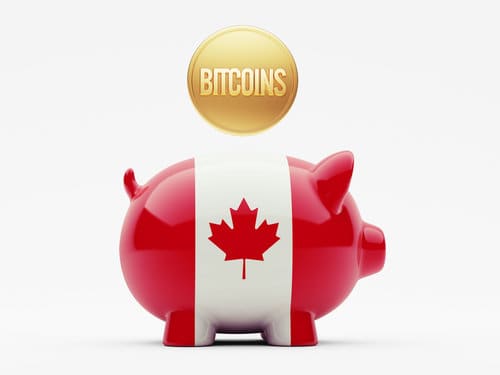 A Canadian flag piggy bank with a gold "BITCOINS" coin implies future crypto investment. Buy Bitcoin now with Coinmama.