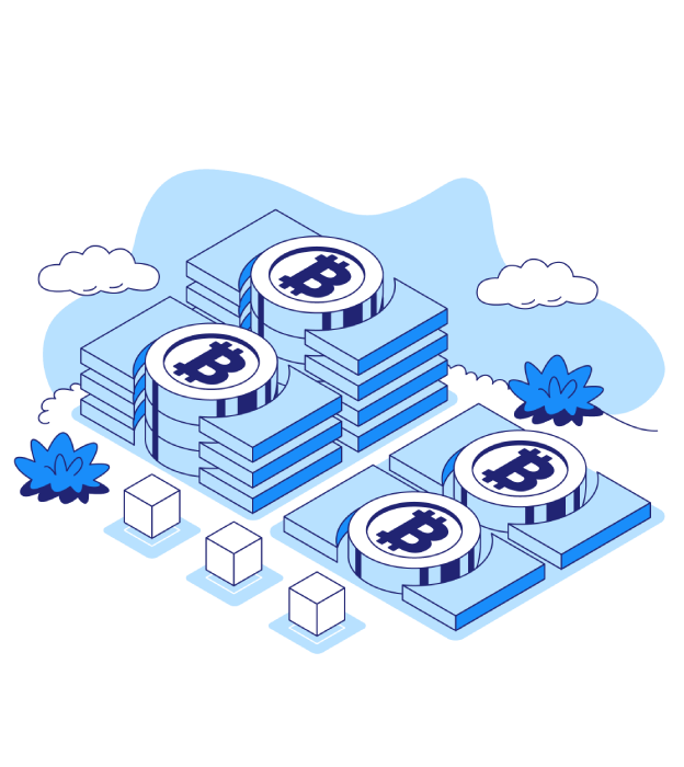 An illustration of digital coins and paper money emphasizes the growing trend to buy Bitcoin on Coinmama.