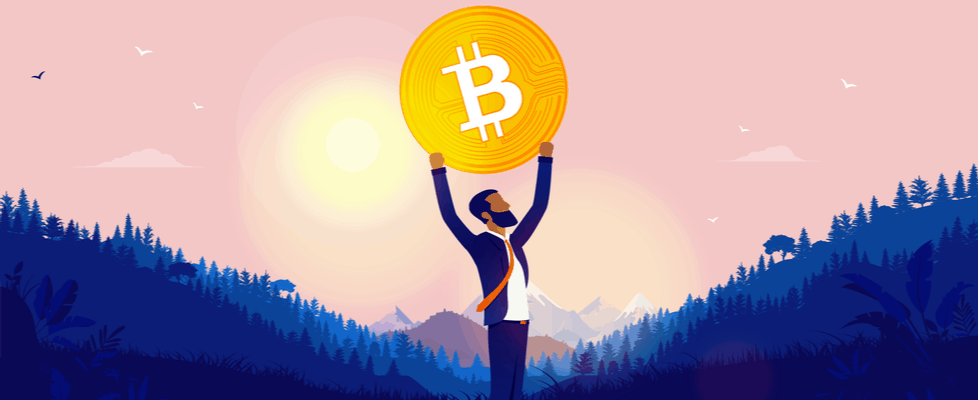 Illustration shows a person with a BTC coin, highlighting success in buying crypto via Coinmama.