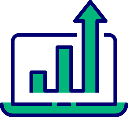 A minimalist icon shows a laptop with a bar chart, ideal for those looking to buy bitcoin on Coinmama.