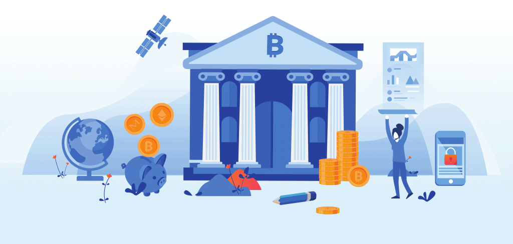 Illustration: Financial institution with Bitcoin symbol, surrounded by crypto icons. Coinmama to buy Bitcoin.